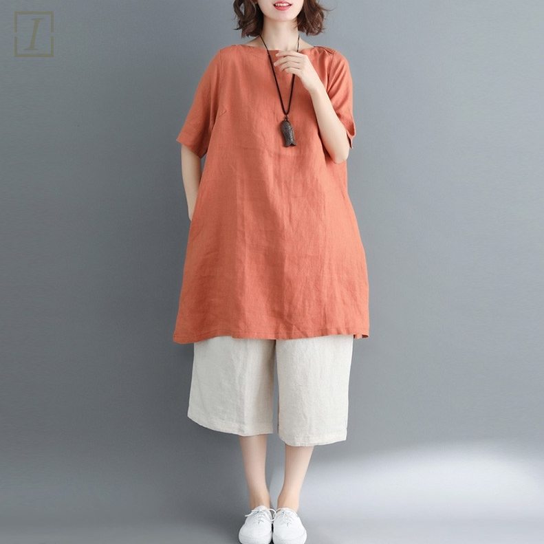 橙色/T恤+杏色/休閒褲