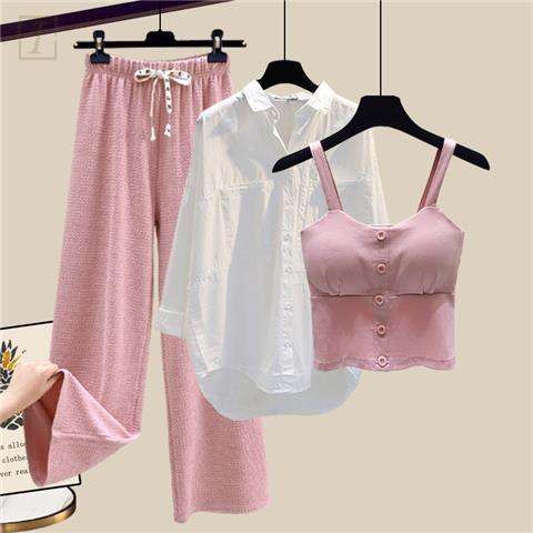 粉色吊帶+白色襯衫+粉色寬褲/套裝