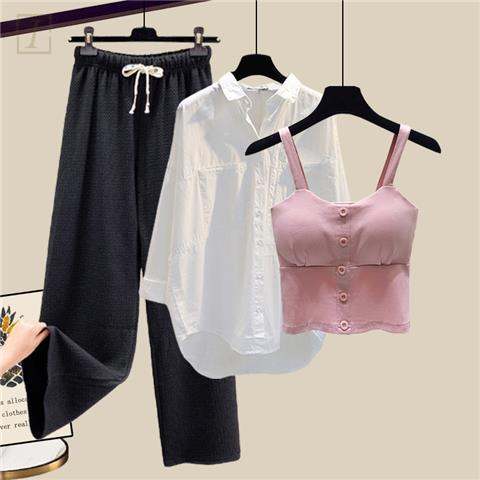 粉色吊帶+白色襯衫+黑色寬褲/套裝