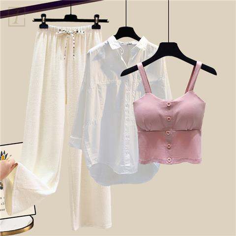 粉色吊帶+白色襯衫+白色寬褲/套裝