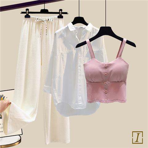 粉色吊帶+白色襯衫+白色寬褲/套裝