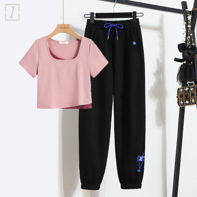 粉色/T恤+黑色/休閒褲