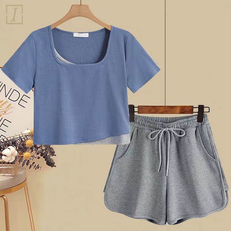 藍色/T恤+灰色/短褲
