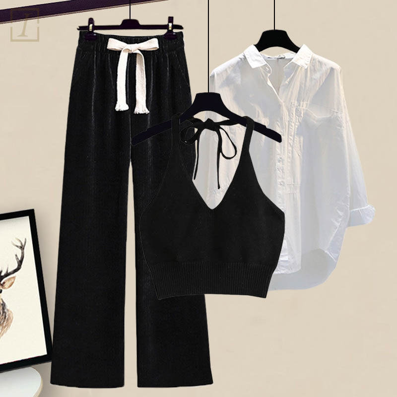 黑色吊帶+白色襯衫+黑色褲子/3件套