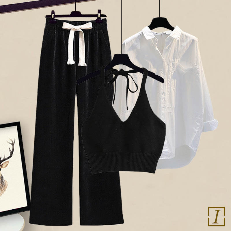 黑色吊帶+白色襯衫+黑色褲子/3件套