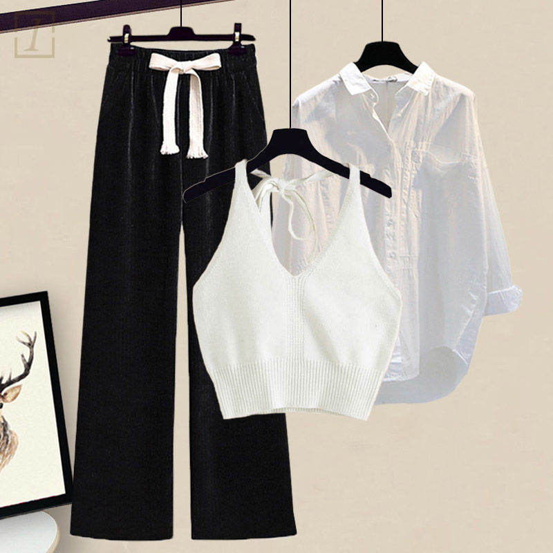 白色吊帶+白色襯衫+黑色褲子/3件套