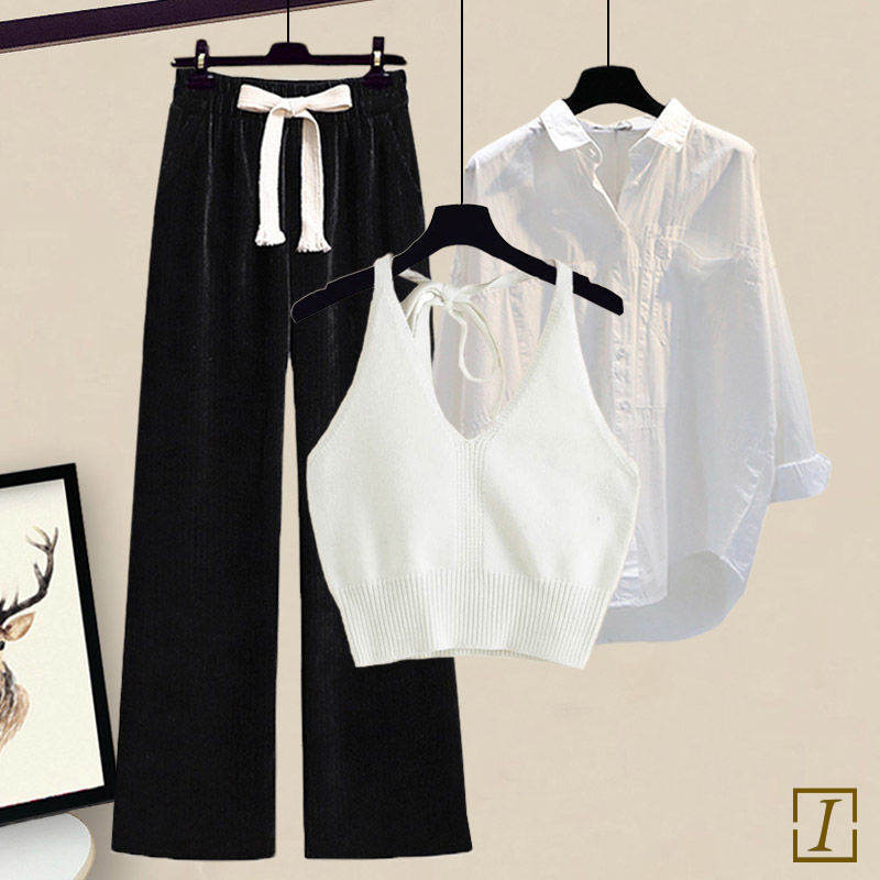 白色吊帶+白色襯衫+黑色褲子/3件套