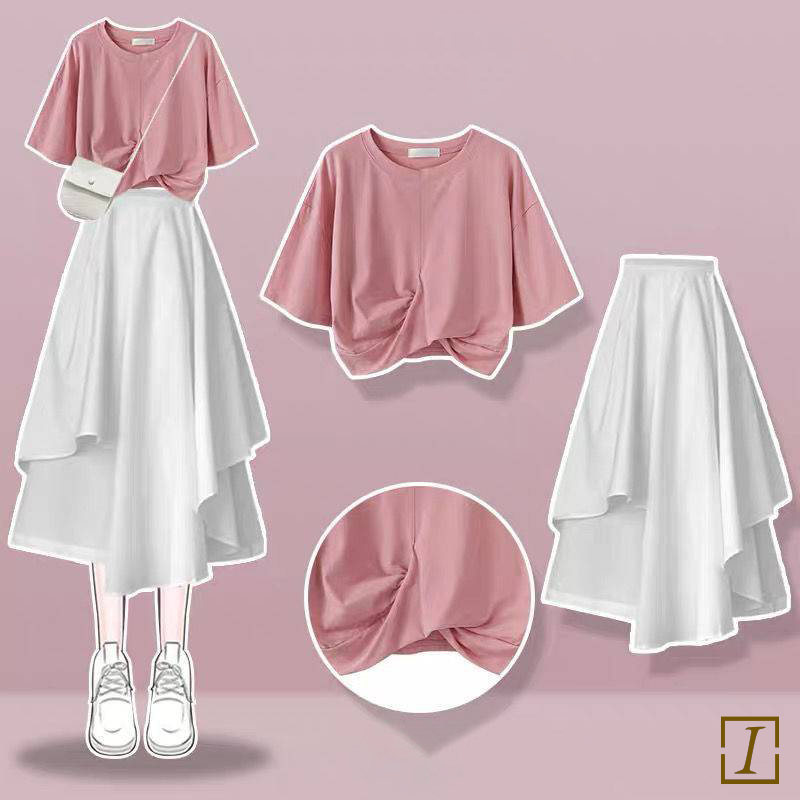 粉色/T恤+白色/半身裙類