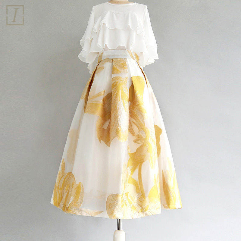 白色/雪紡衫+黃色/半身裙類