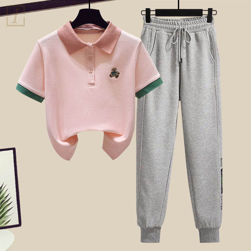 粉色/T恤+灰色/休閒褲