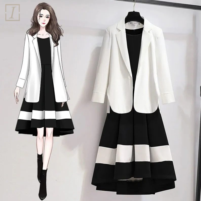 白色外套+黑色長洋裝/套裝