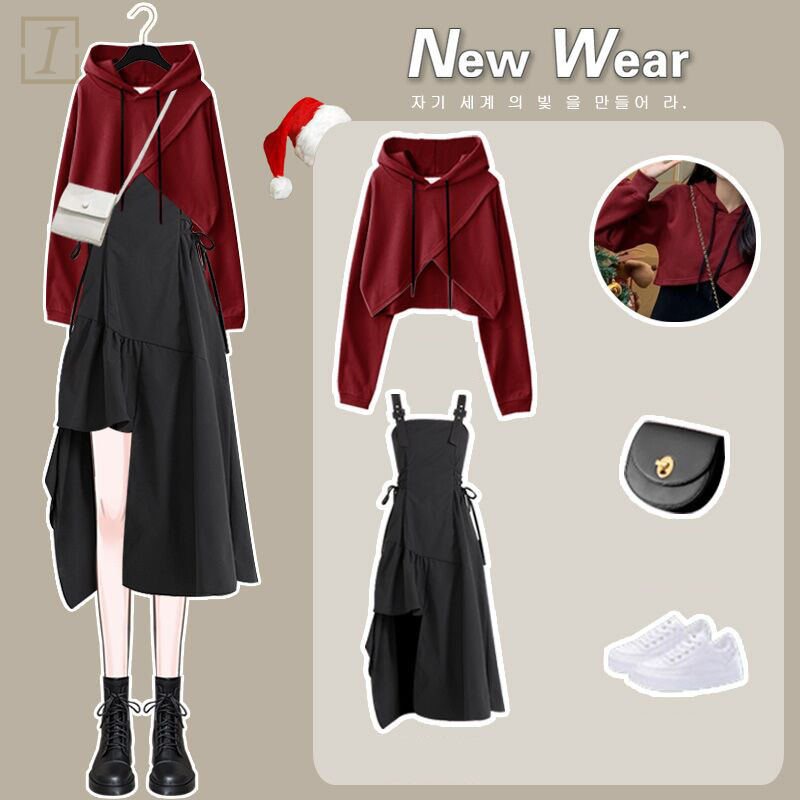 紅色/衛衣+黑色/洋裝