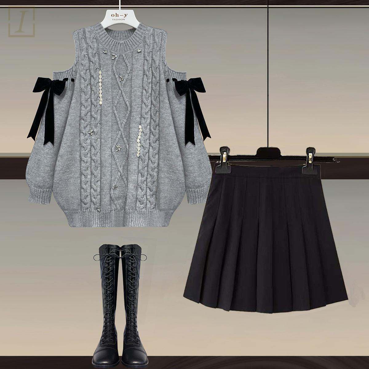 灰色毛衣+黑色裙類01/套裝