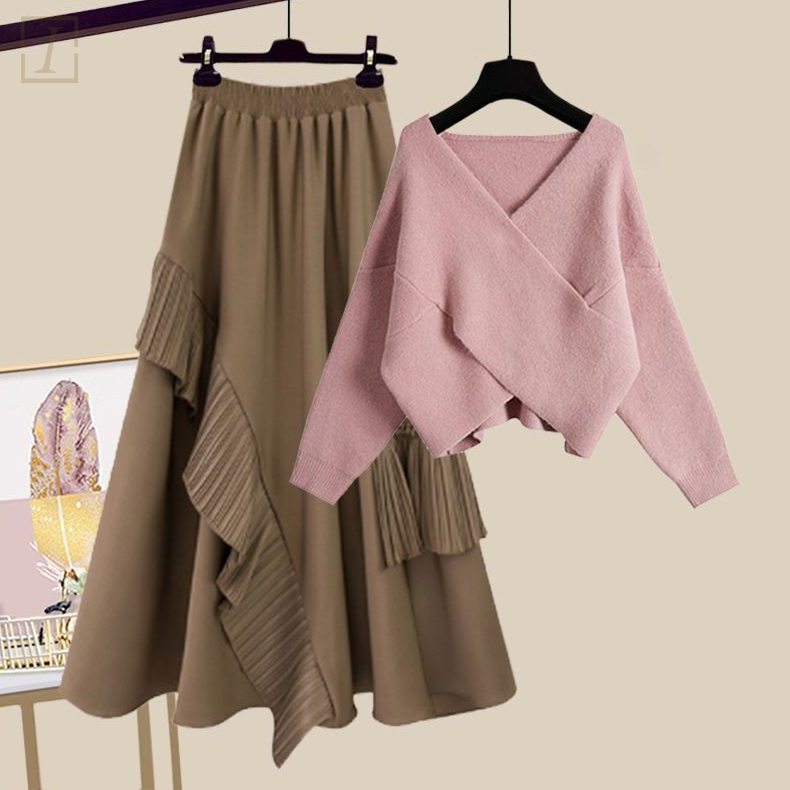 粉色毛衣+棕色裙類/套裝