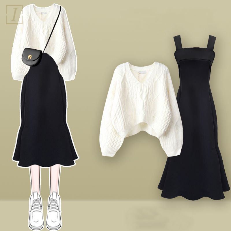 白色毛衣+黑色洋裝