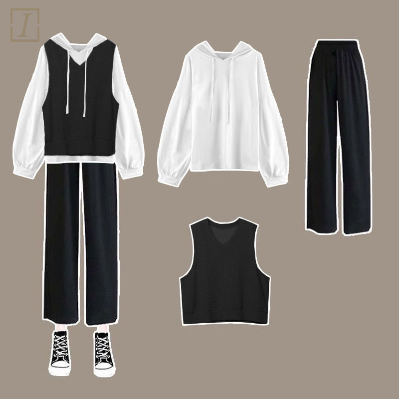 白色/衛衣+黑色/馬甲+黑色/褲子