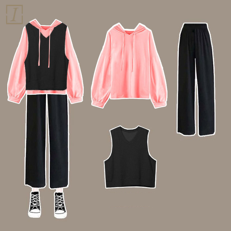 粉色/衛衣+黑色/馬甲+黑色/褲子
