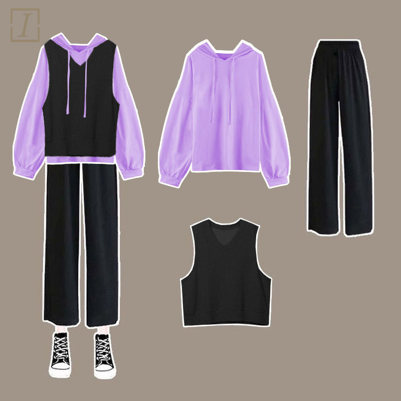 紫色/衛衣+黑色/馬甲+黑色/褲子