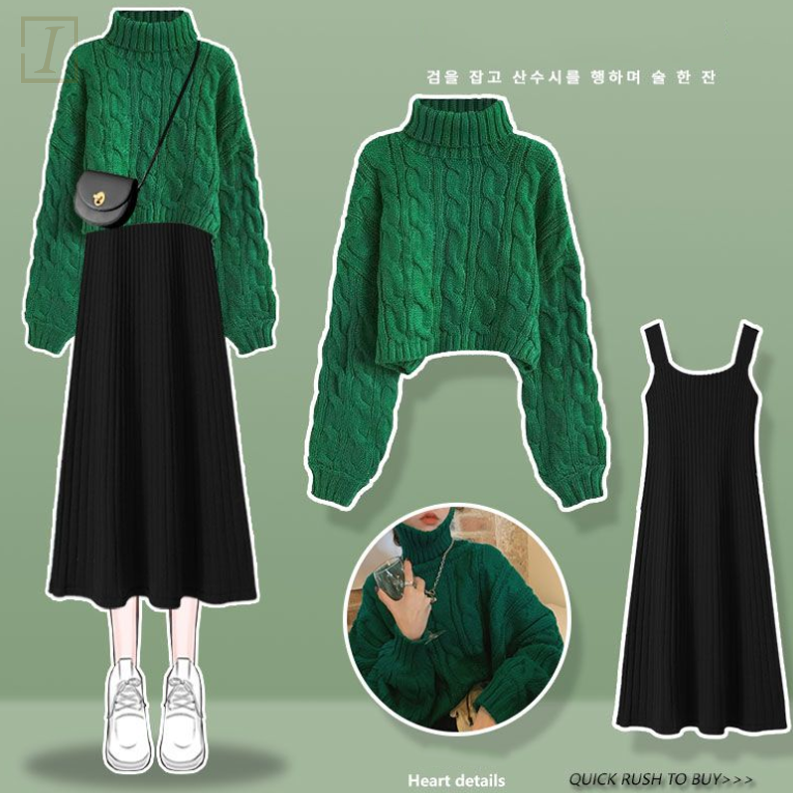 綠色毛衣+黑色洋裝