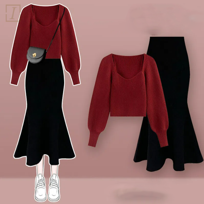 紅色毛衣+黑色裙類/套裝