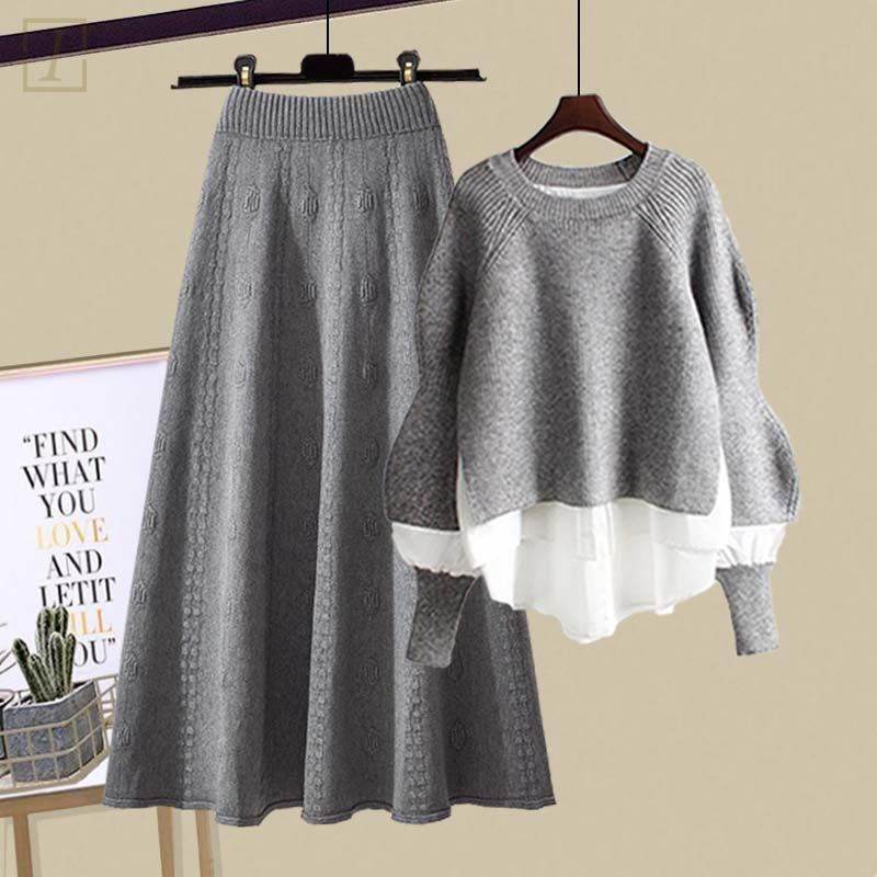 灰色毛衣+灰色裙類