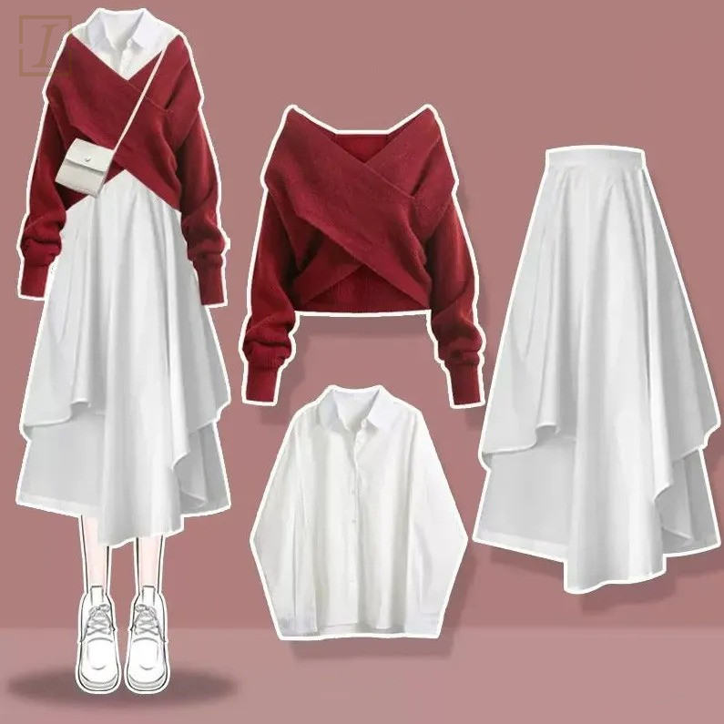 白色襯衫＋紅色毛衣＋白色裙類