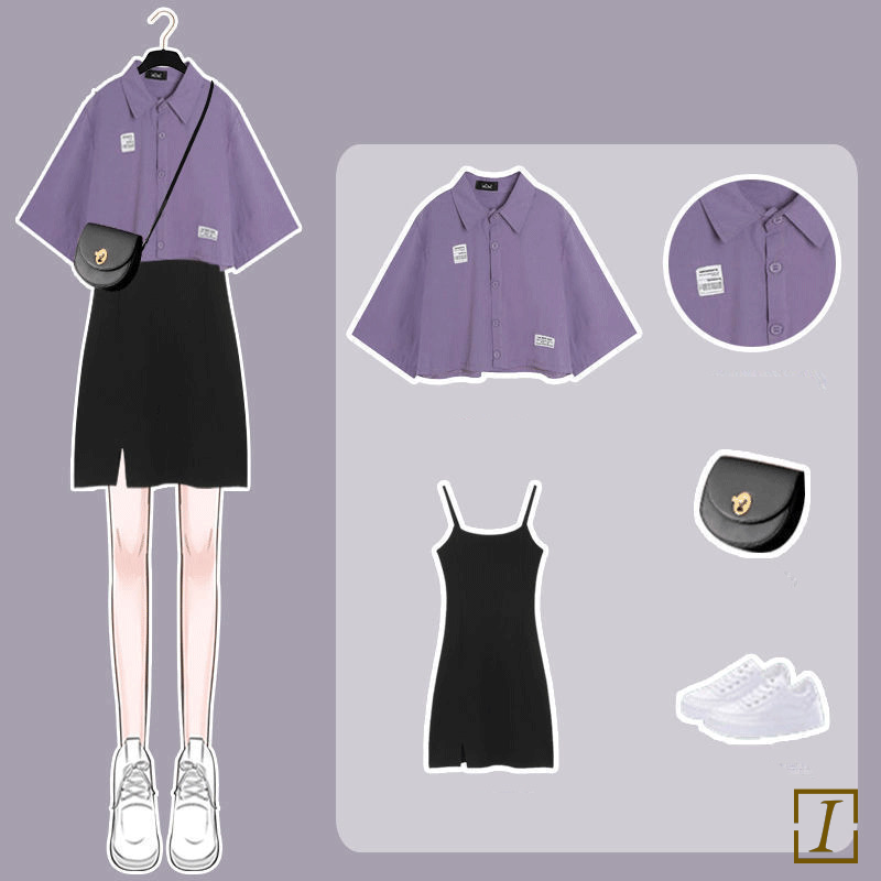 紫色T恤+黑色吊帶洋装/套裝
