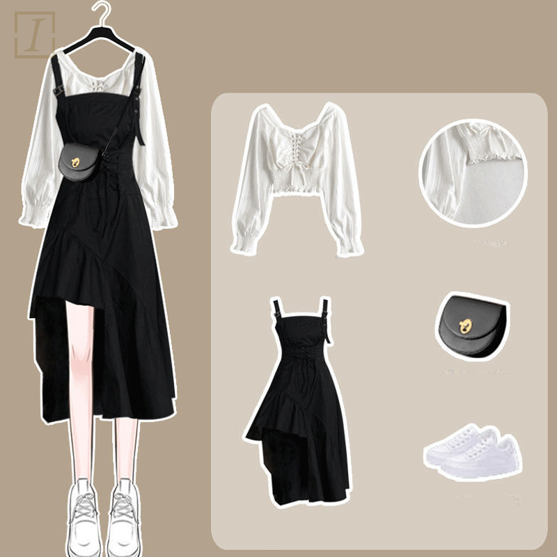 白色設計感上衣+黑色洋装/套裝