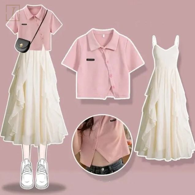 粉色上衣+白色洋裝