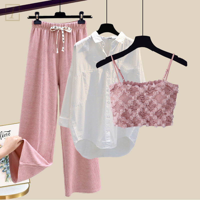 粉色吊帶+白色襯衫+粉色寬褲/三件套