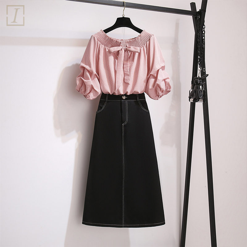 粉色襯衫+黑色裙類/兩件套