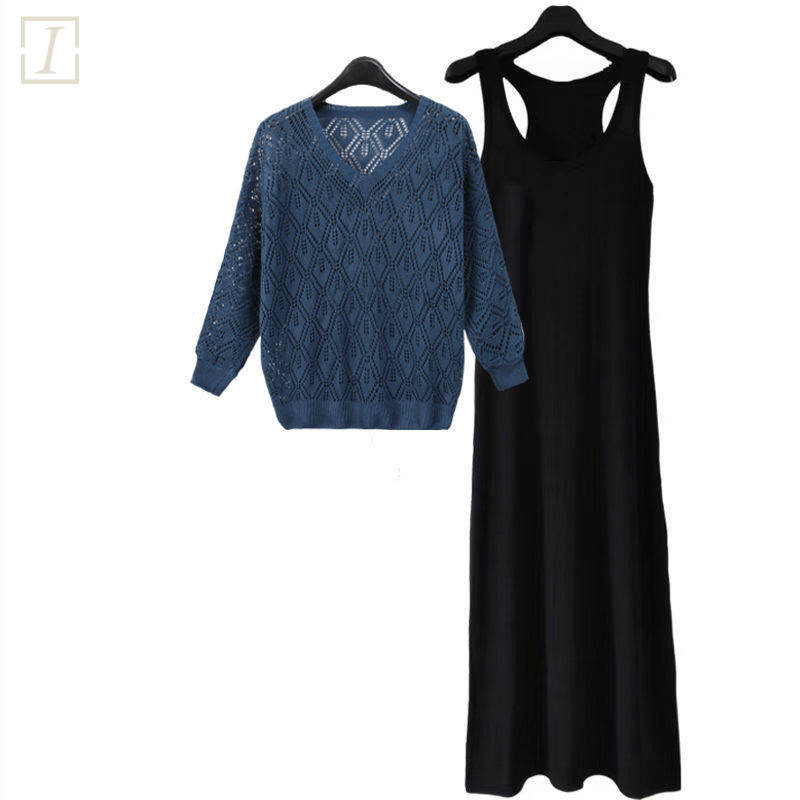 藍色針織+黑色長裙/兩件套