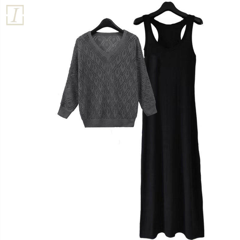 深灰色針織+黑色洋裝/兩件套