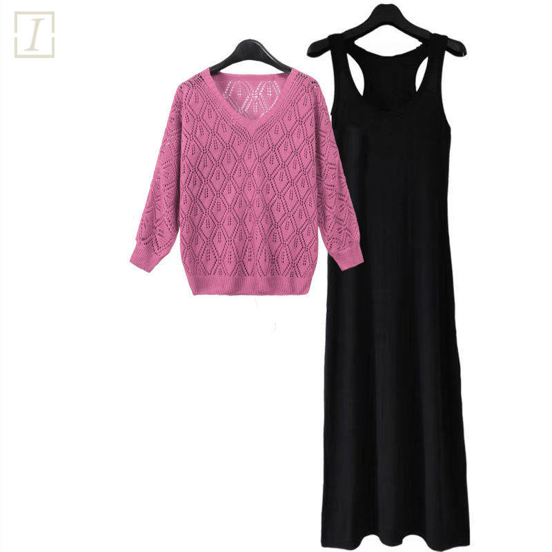 深粉色針織+黑色長裙/兩件套