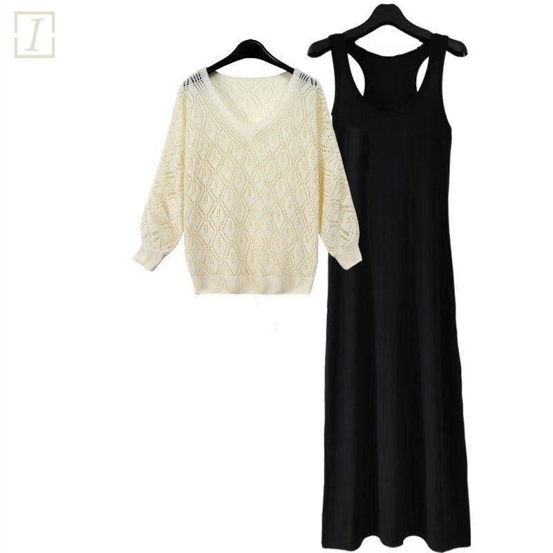 米白色針織+黑色長裙/兩件套