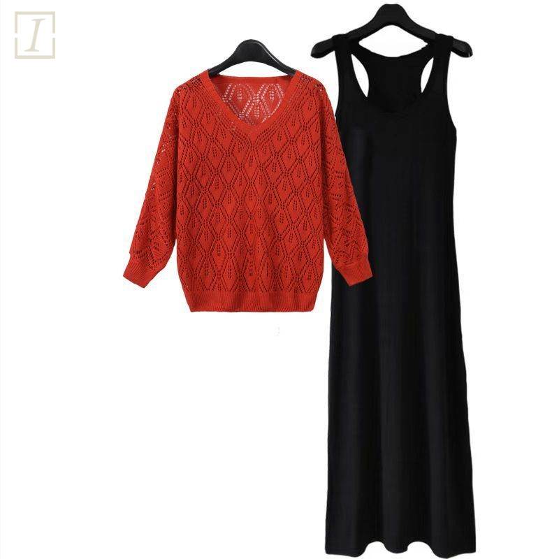 紅色針織+黑色長裙/兩件套