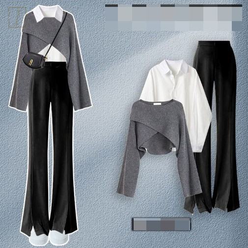 灰色毛衣+白色襯衫+黑色長褲/三件套