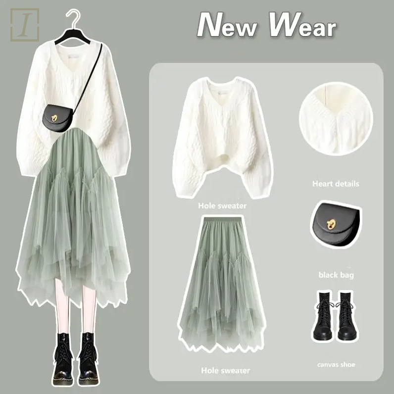白色毛衣+綠色裙類