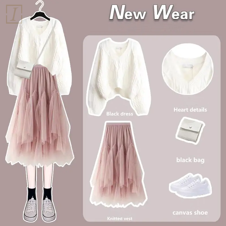 白色毛衣+粉色裙類