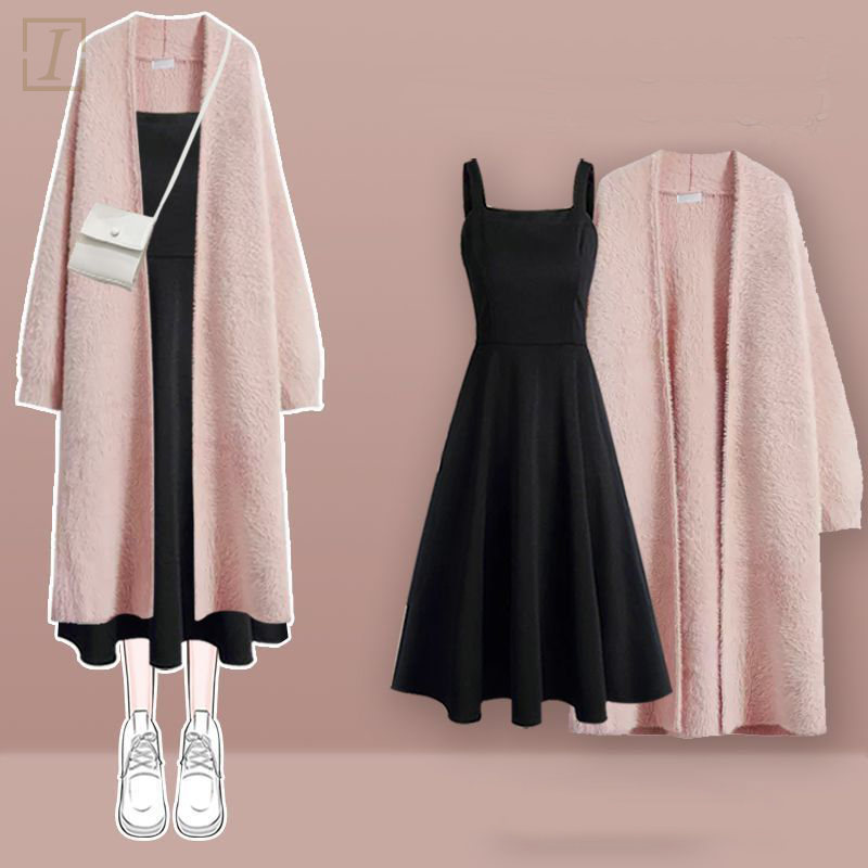 粉色/開衫+黑色/洋裝