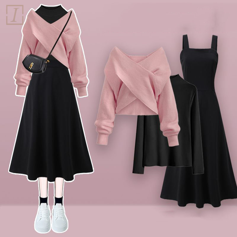 黑色T恤+粉色毛衣+黑色洋裝/三件套