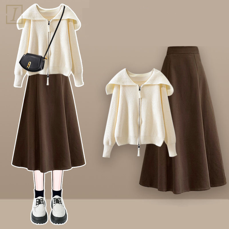 白色罩衫+棕色裙類/套裝