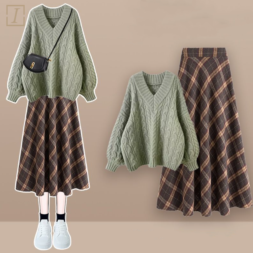 綠色毛衣+格紋裙類/套裝