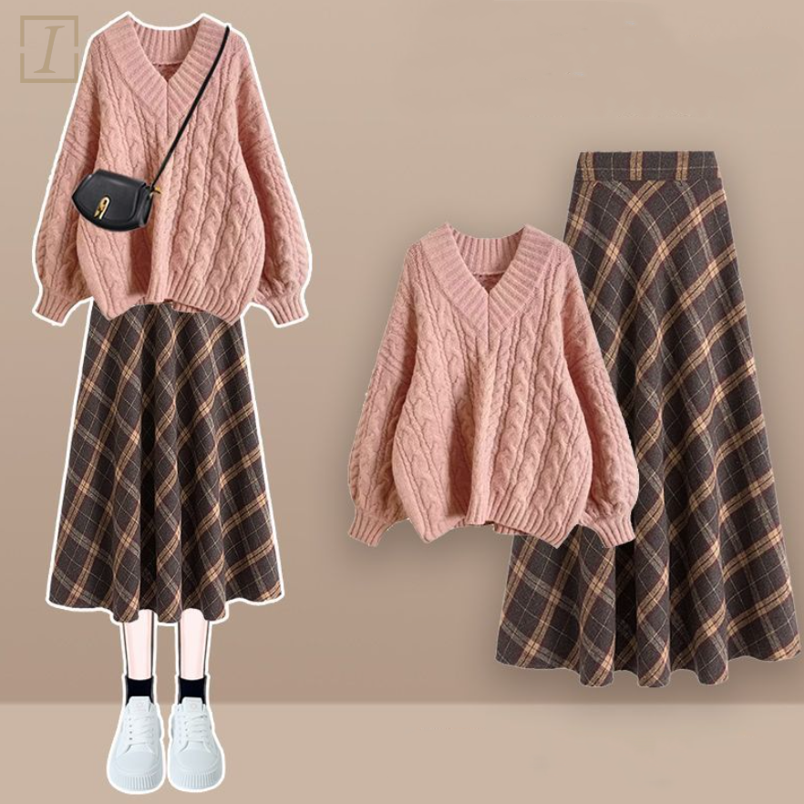 粉色毛衣+格紋裙類/套裝