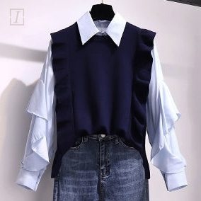 藍色/襯衫+藏青色/背心/兩件套