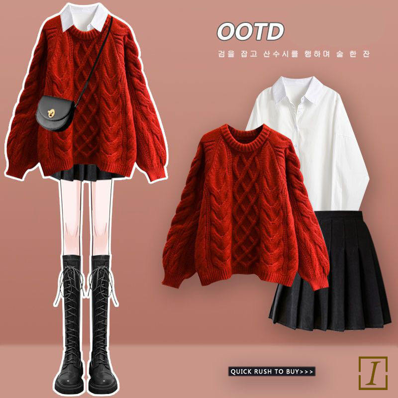 紅色/毛衣+白色/襯衫+黑色/裙類/三件套