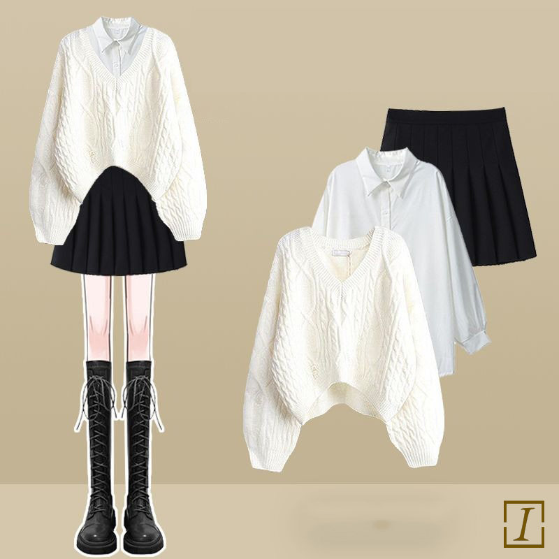 白色毛衣+襯衫+裙類/三件套