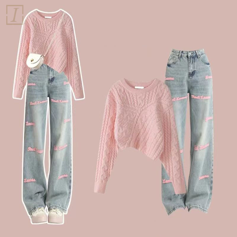 粉色毛衣+字母牛仔褲/套裝