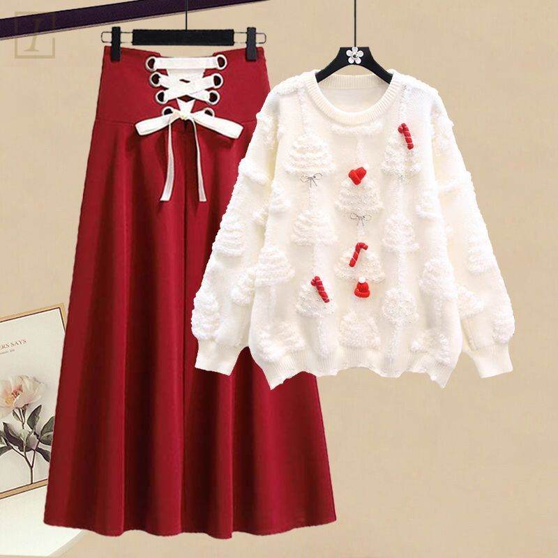 白色毛衣+紅色裙類/套裝