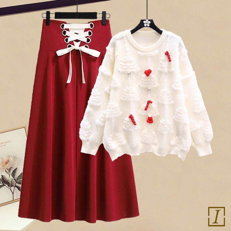 白色毛衣+紅色裙類/套裝